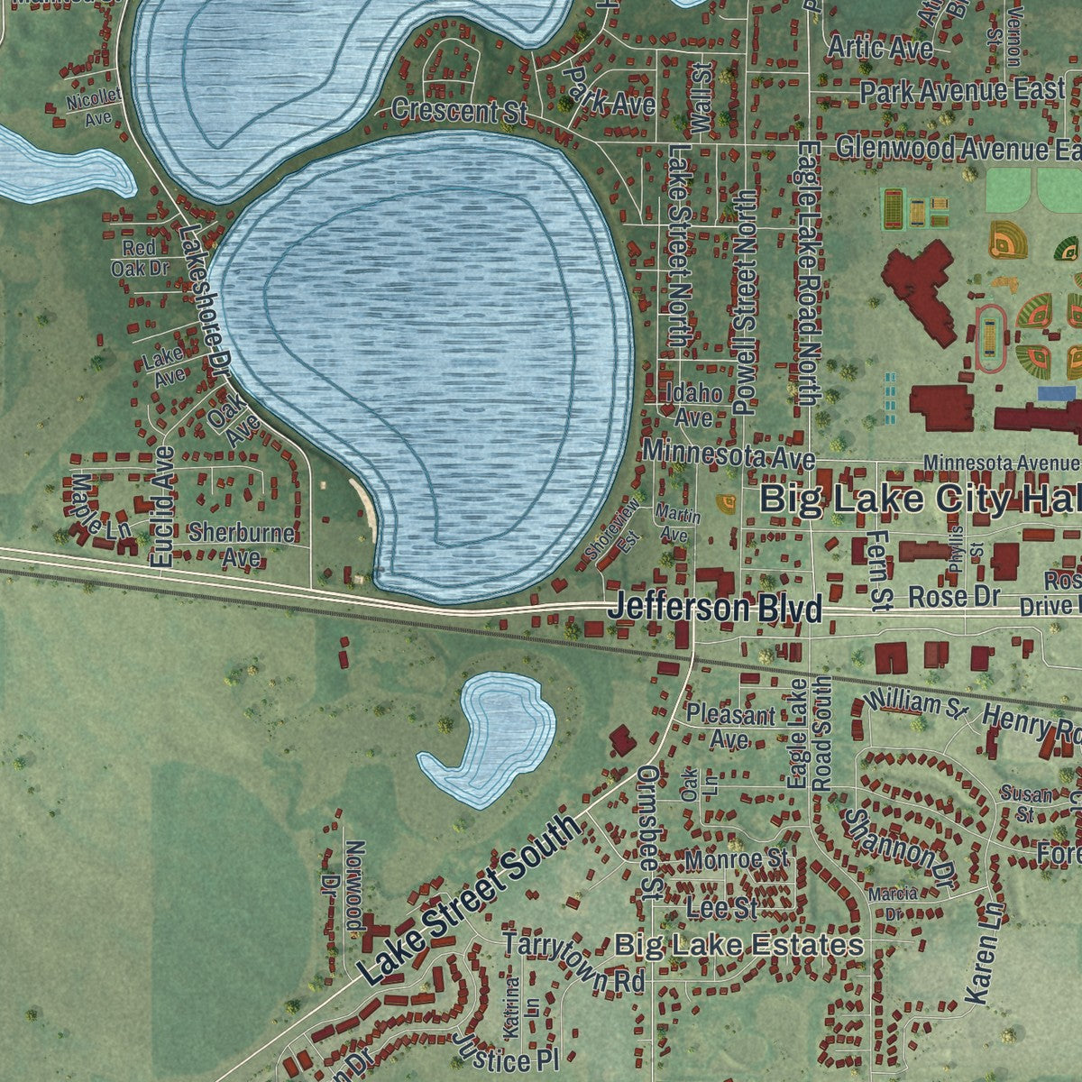 Close-up of the map of Big Lake, Minnesota print showing street and building detail
