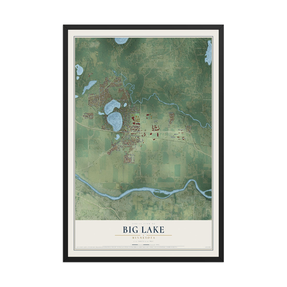 Map of Big Lake, Minnesota, 12 x 18 inch print in a black wood frame