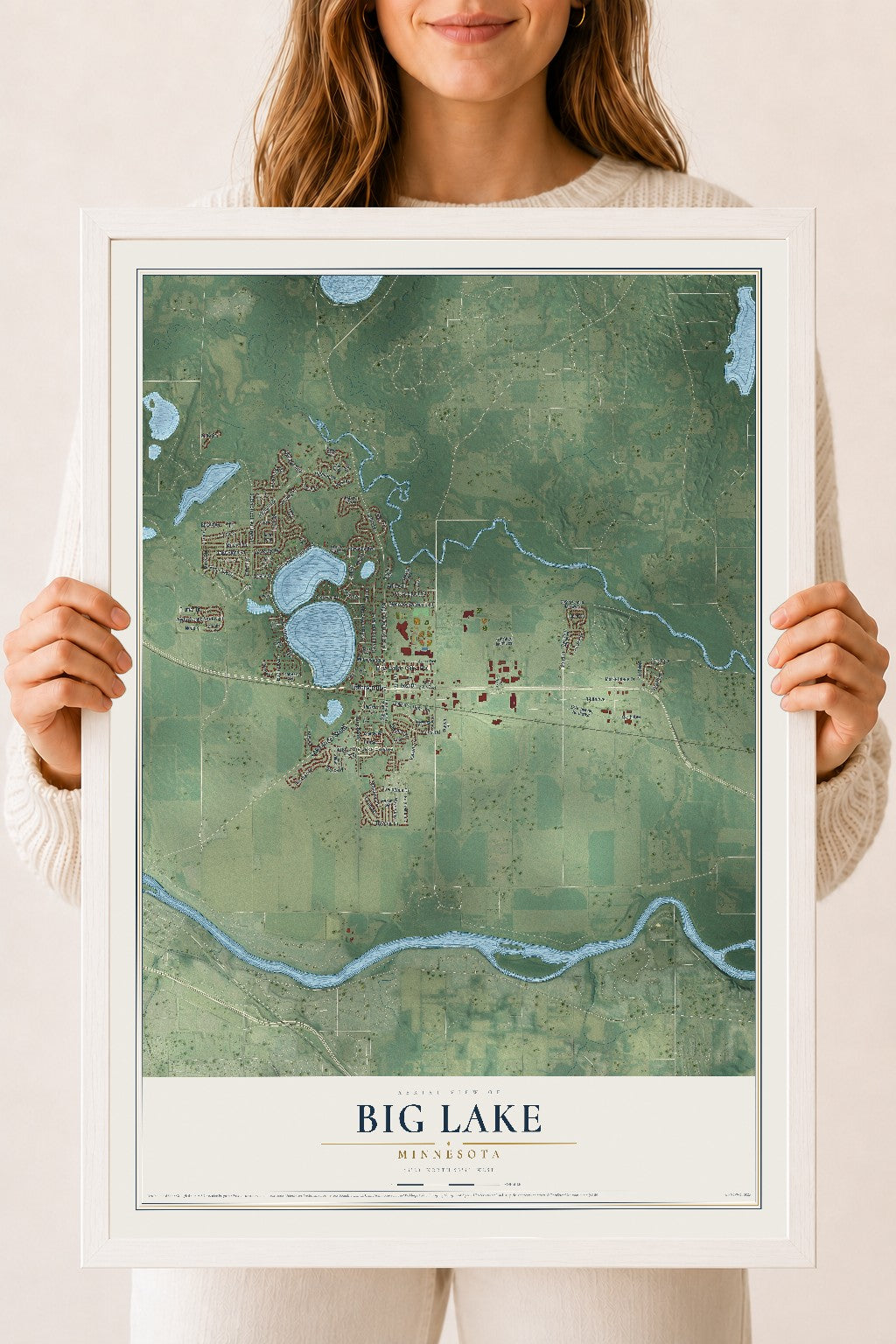 Map of Big Lake, Minnesota, 18 x 24 inch print in a white wood frame