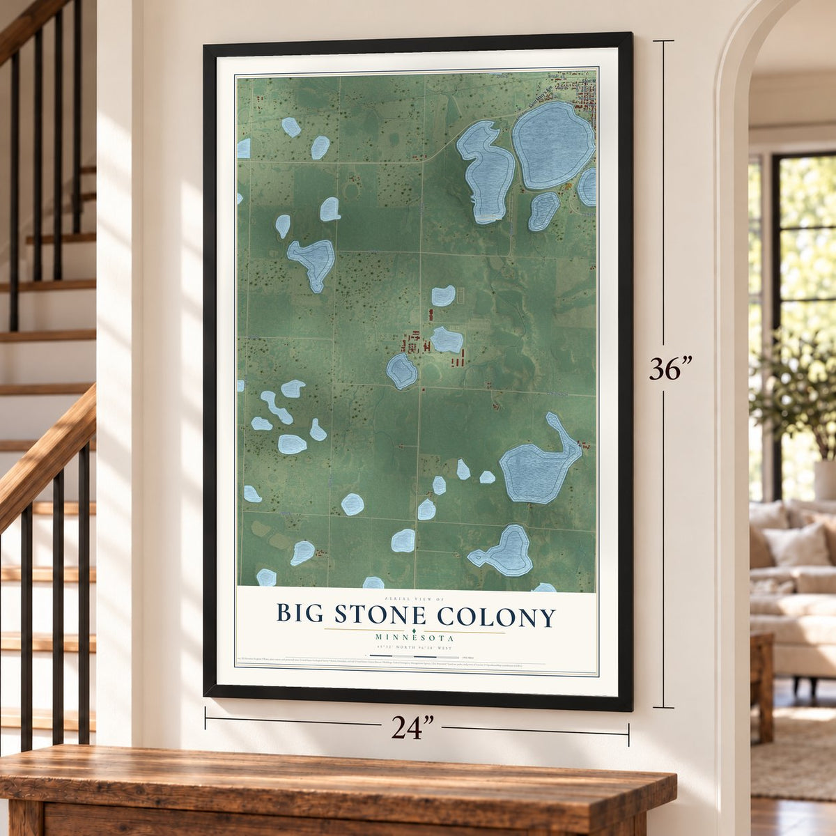 Big Stone Colony, Minnesota map, 24 x 36 inch print in a black frame by a staircase