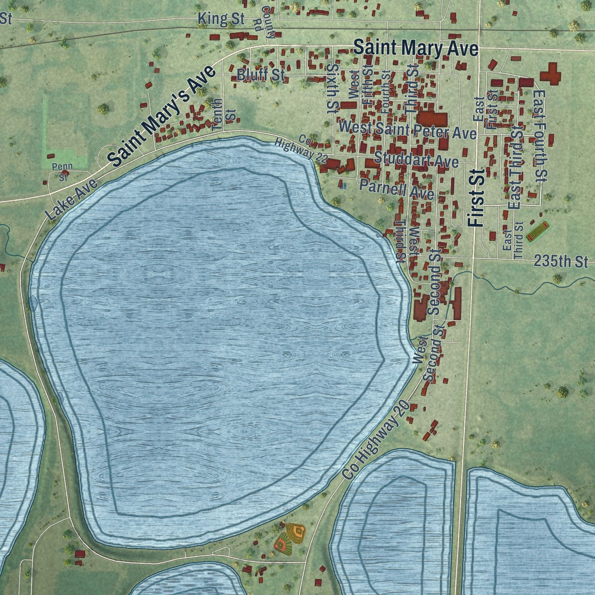 Close-up of the map of Big Stone Colony, Minnesota print showing street and building detail