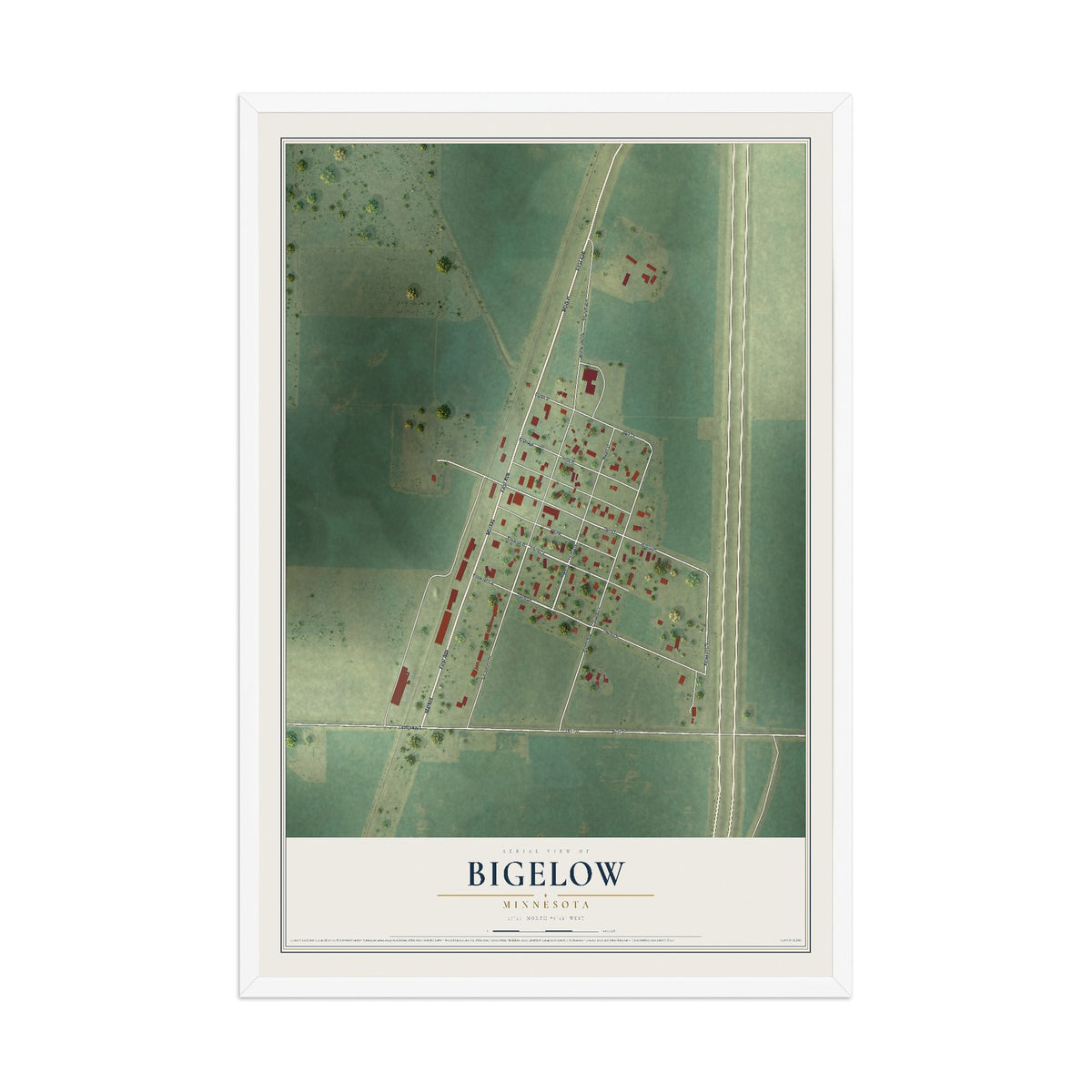 Map of Bigelow, Minnesota, 12 x 18 inch print in a white wood frame