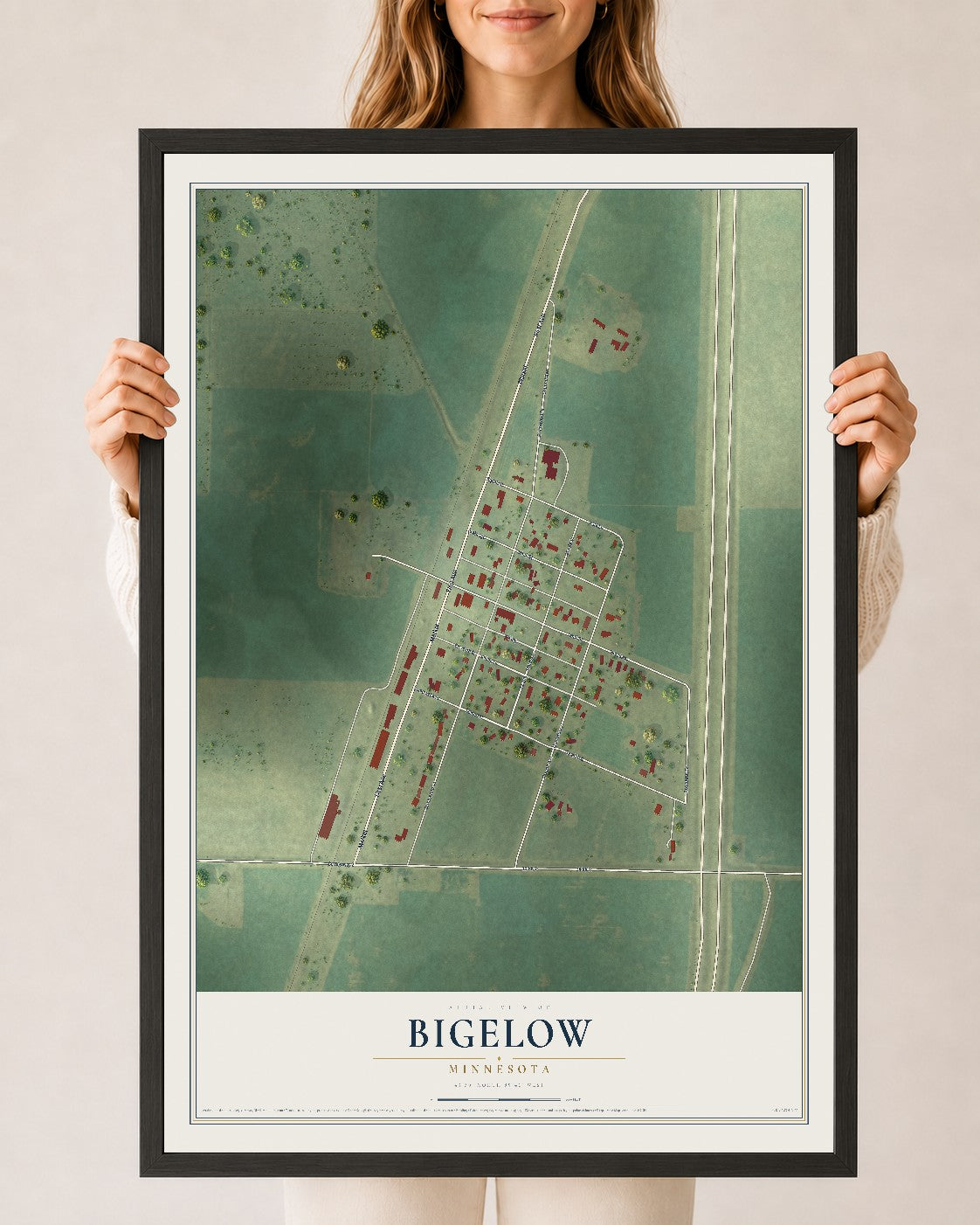 Map of Bigelow, Minnesota, 24 x 36 inch print in a black wood frame