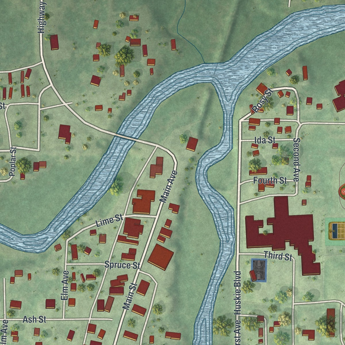 Close-up of the map of Bigfork, Minnesota print showing street and building detail