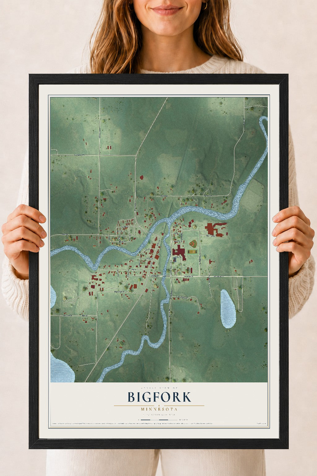 Map of Bigfork, Minnesota, 18 x 24 inch print in a black wood frame