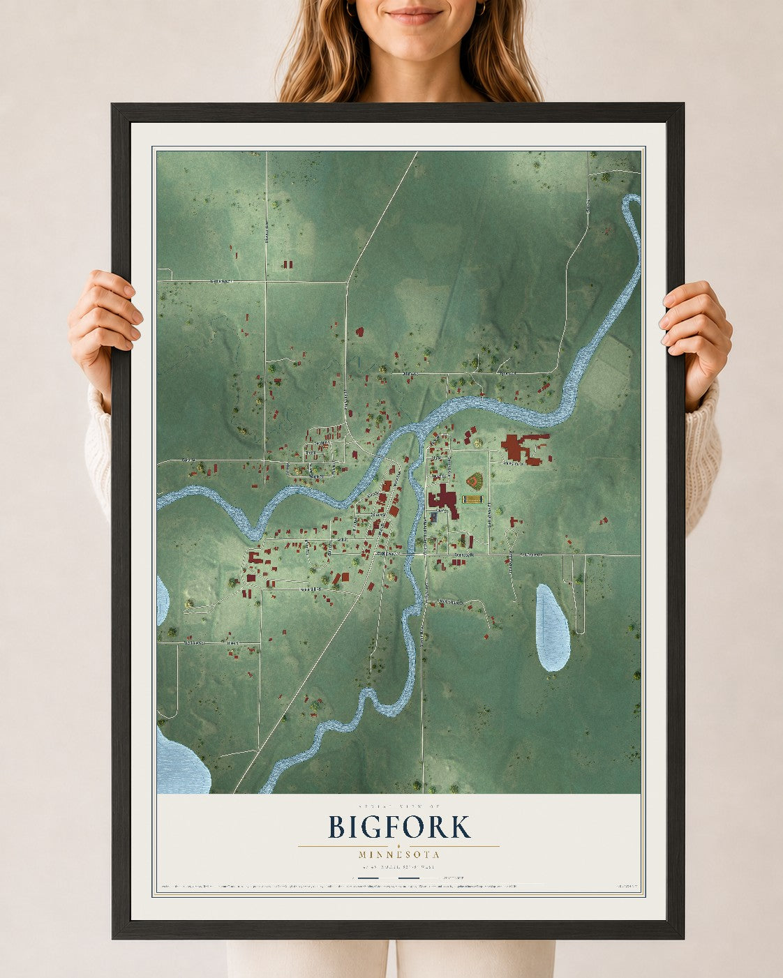 Map of Bigfork, Minnesota, 24 x 36 inch print in a black wood frame