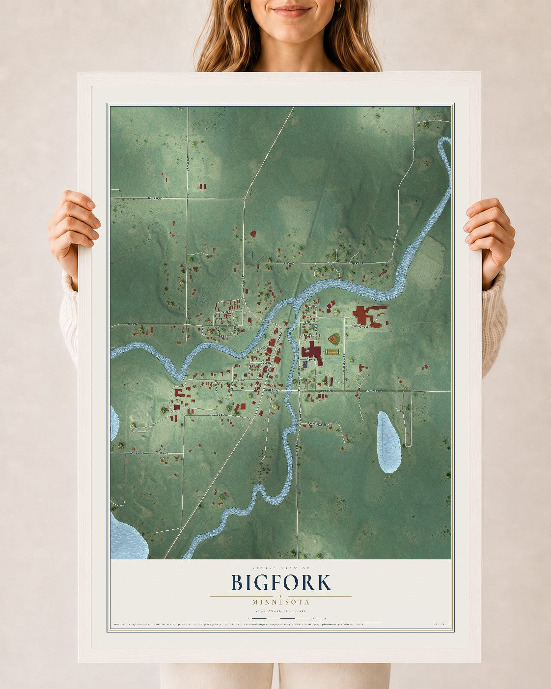 Map of Bigfork, Minnesota, 24 x 36 inch print in a white wood frame