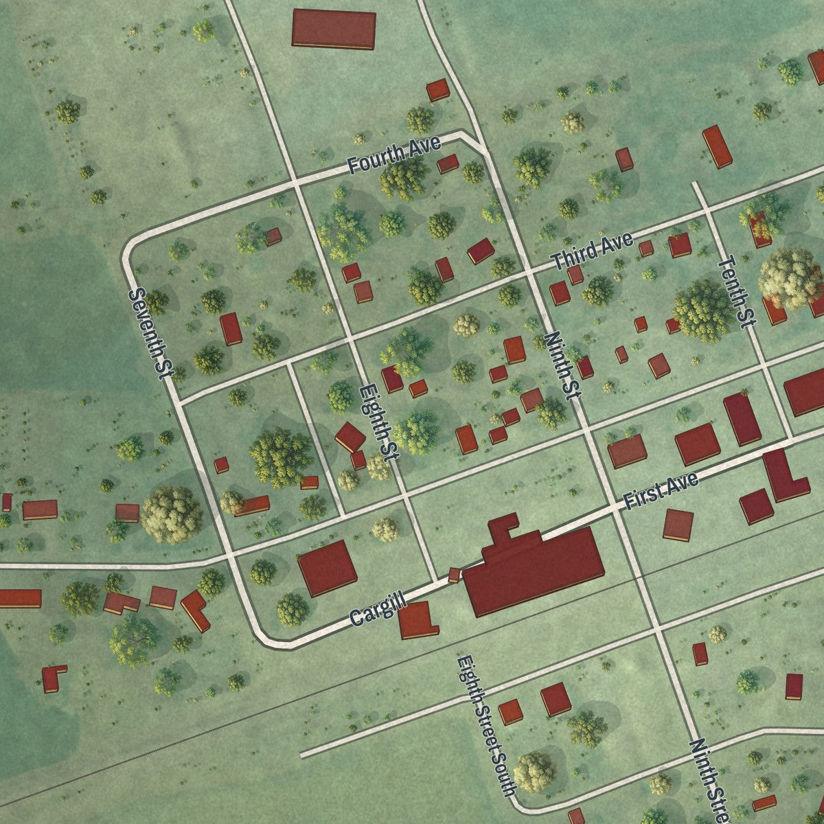 Second close-up of the map of Bingham Lake, Minnesota print showing more streets and buildings