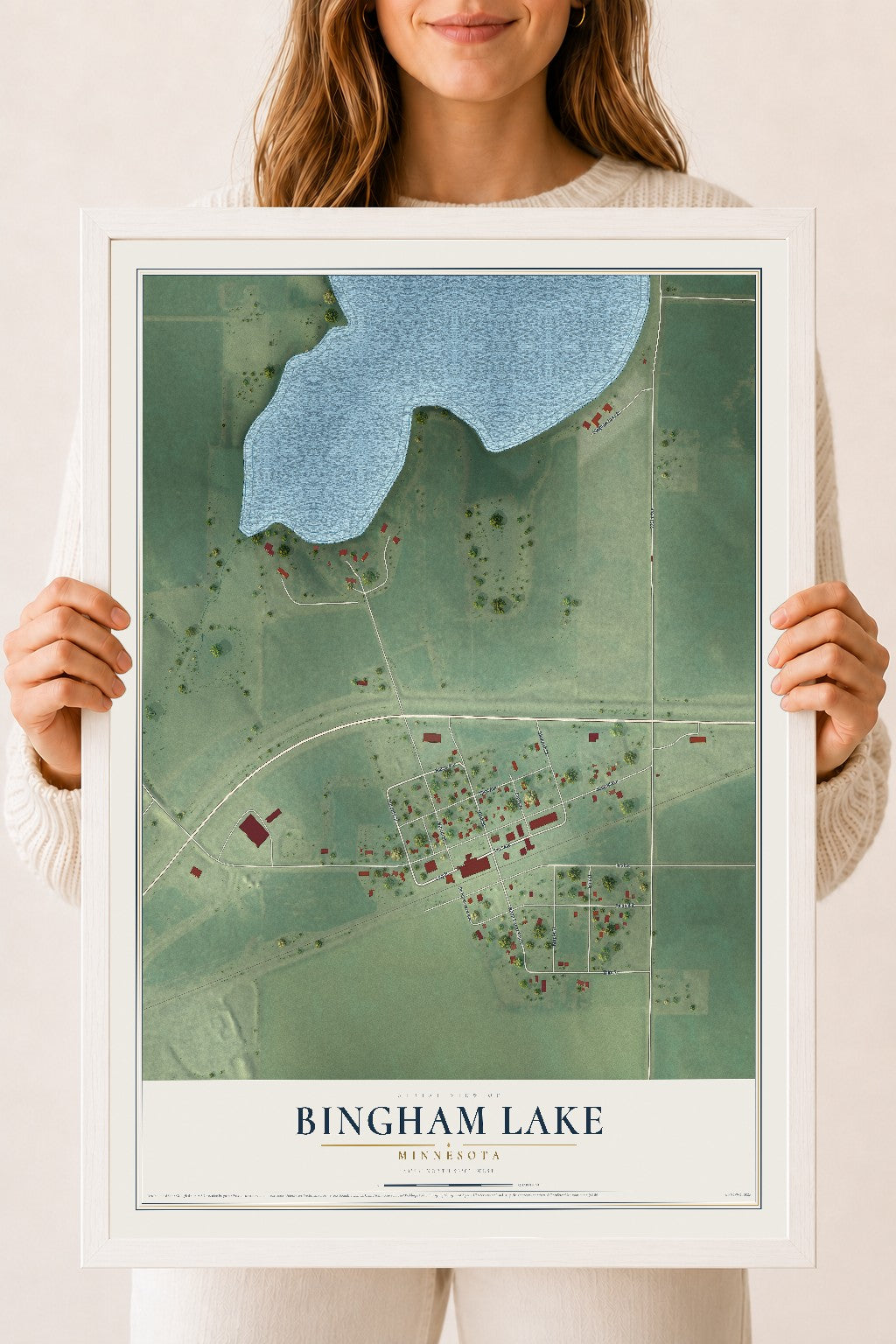 Map of Bingham Lake, Minnesota, 18 x 24 inch print in a white wood frame
