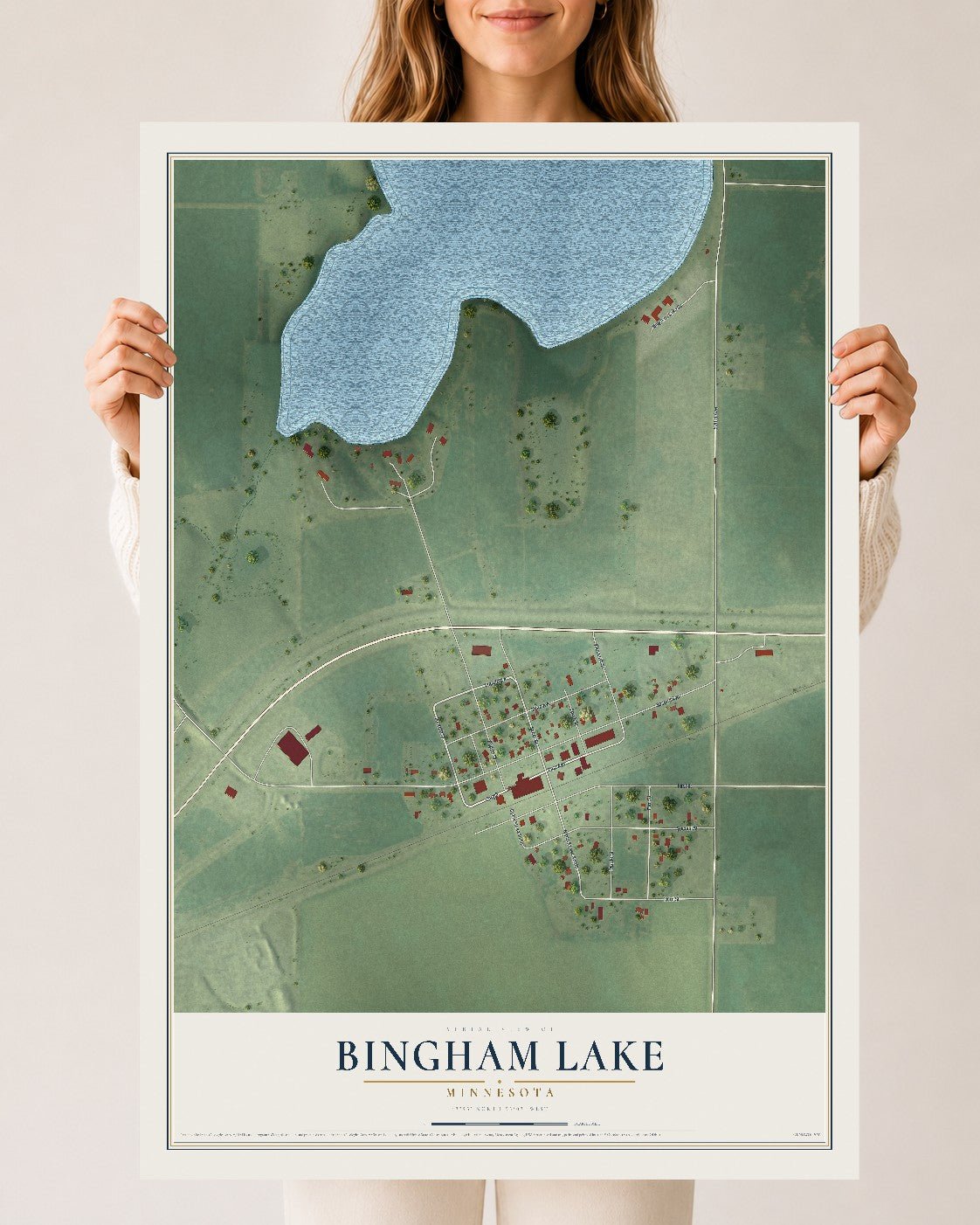 Map of Bingham Lake, Minnesota, 24 x 36 inch unframed archival matte print
