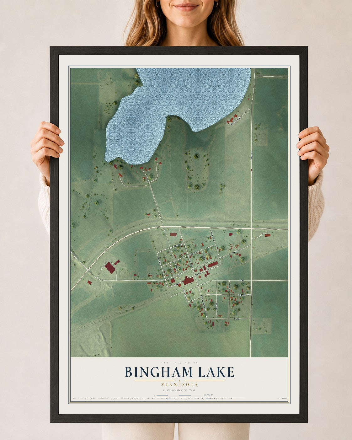 Map of Bingham Lake, Minnesota, 24 x 36 inch print in a black wood frame