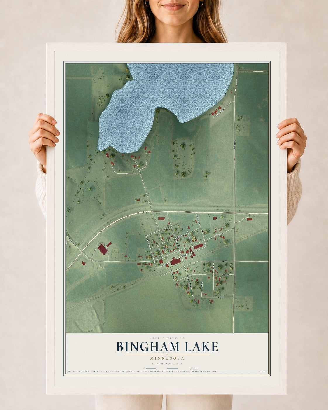 Map of Bingham Lake, Minnesota, 24 x 36 inch print in a white wood frame