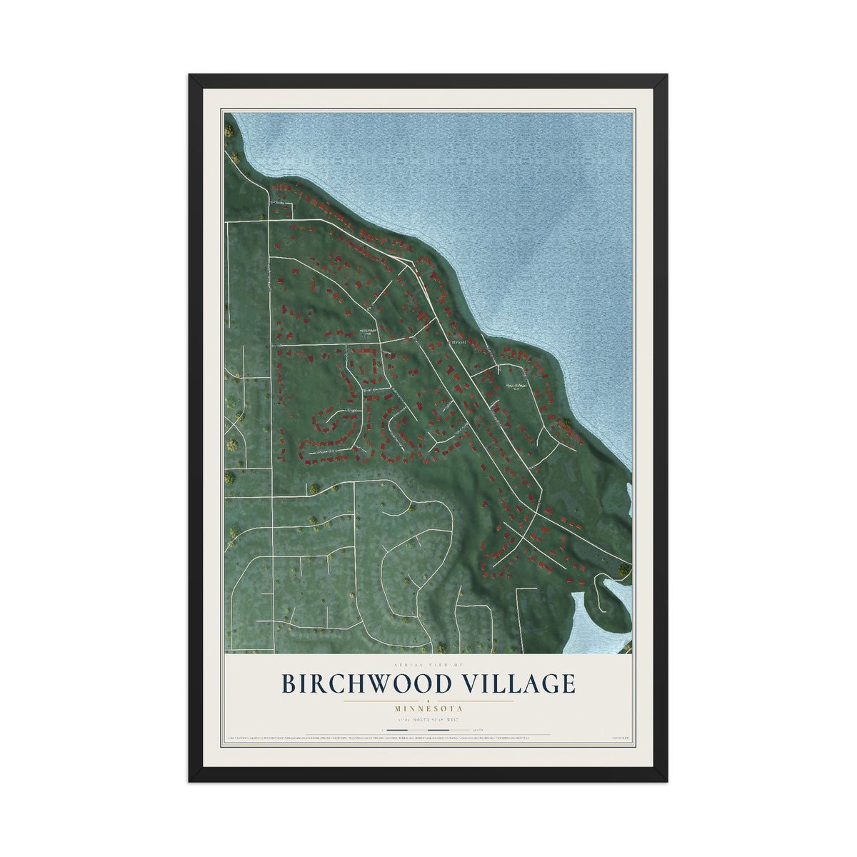 Map of Birchwood Village, Minnesota, 12 x 18 inch print in a black wood frame