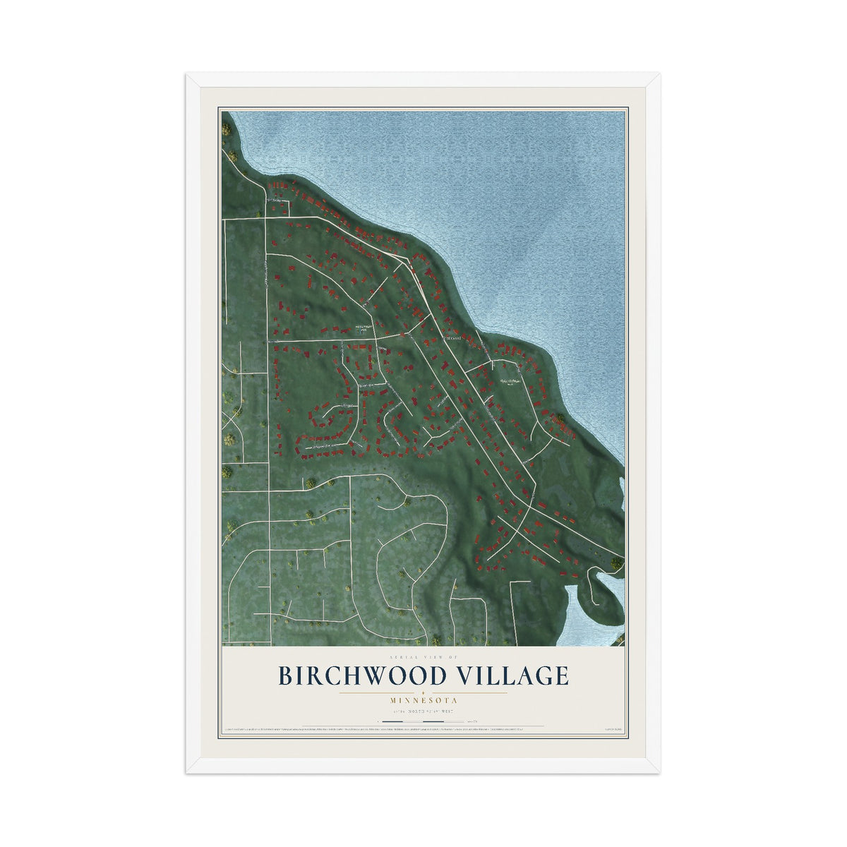 Map of Birchwood Village, Minnesota, 12 x 18 inch print in a white wood frame
