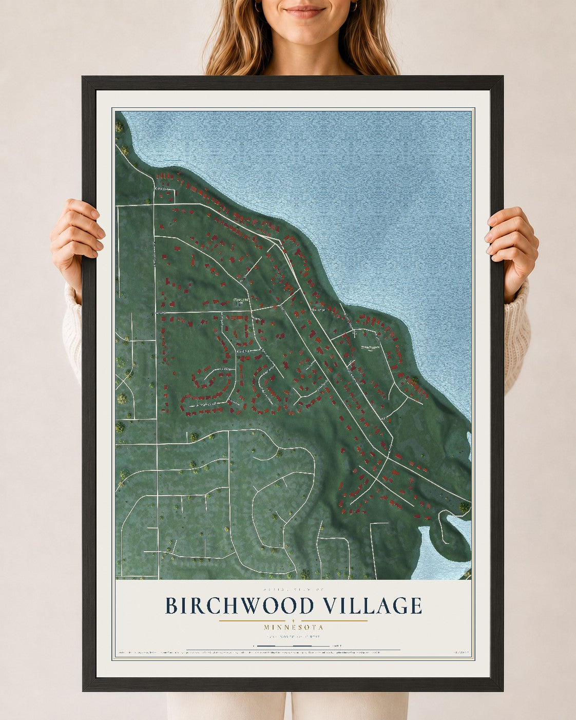 Map of Birchwood Village, Minnesota, 24 x 36 inch print in a black wood frame