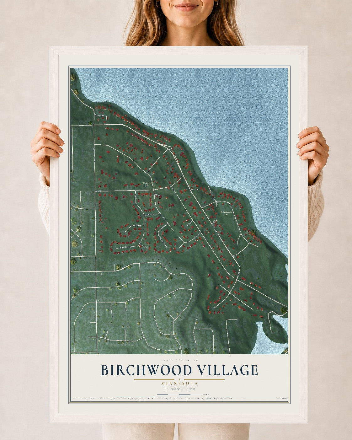 Map of Birchwood Village, Minnesota, 24 x 36 inch print in a white wood frame