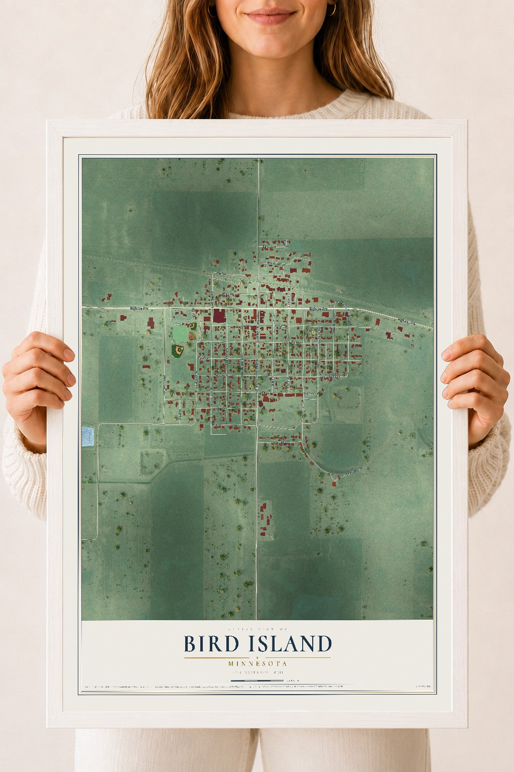 Map of Bird Island, Minnesota, 18 x 24 inch print in a white wood frame