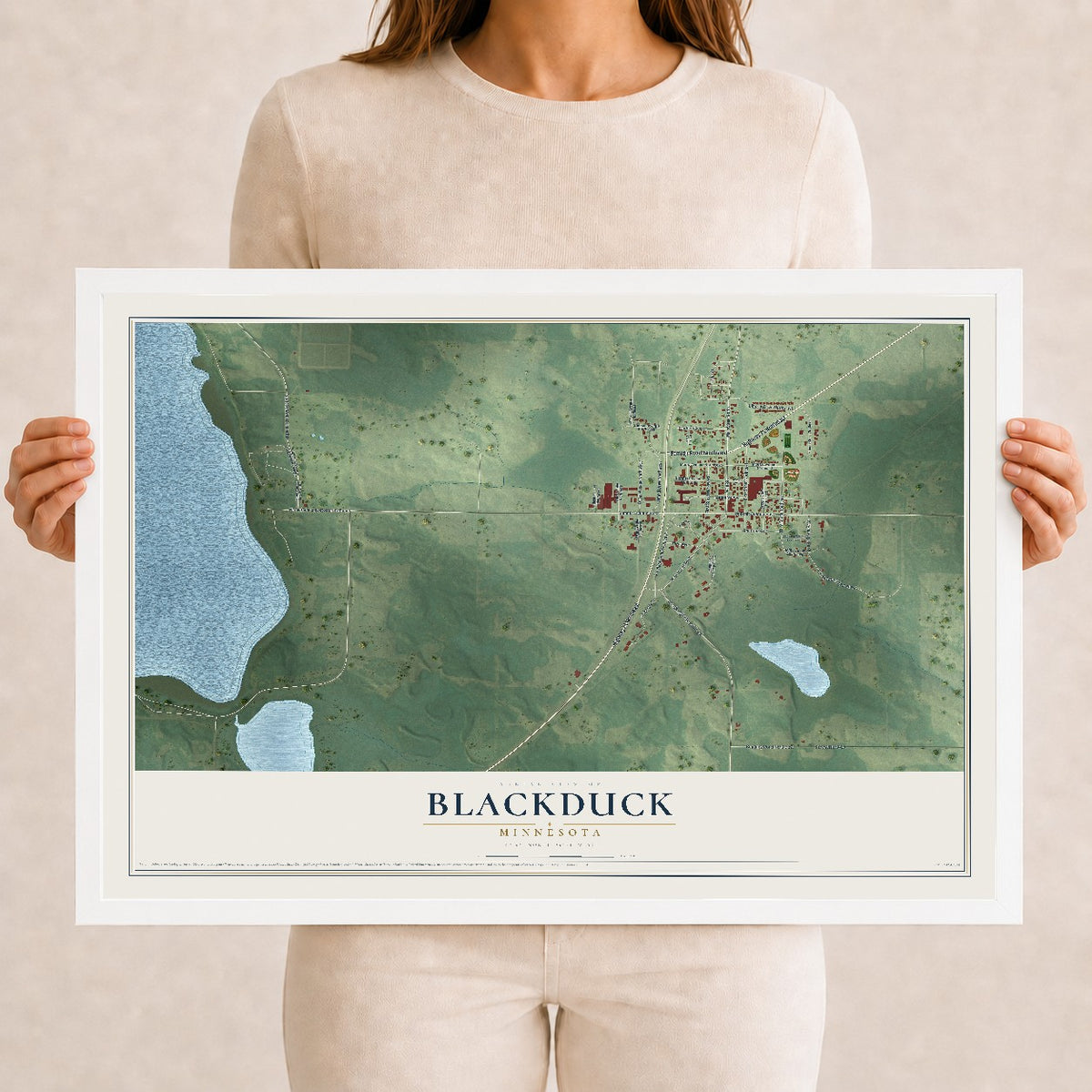 Map of Blackduck, Minnesota, 12 x 18 inch print in a white wood frame