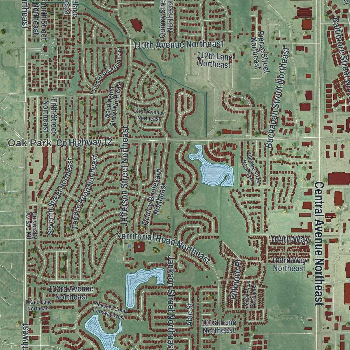 Close-up of the map of Blaine, Minnesota print showing street and building detail