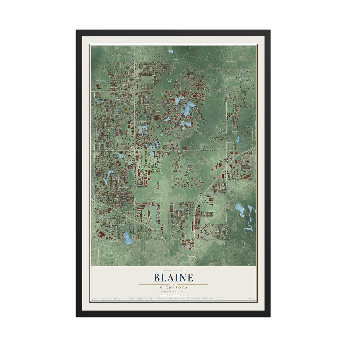 Map of Blaine, Minnesota, 12 x 18 inch print in a black wood frame