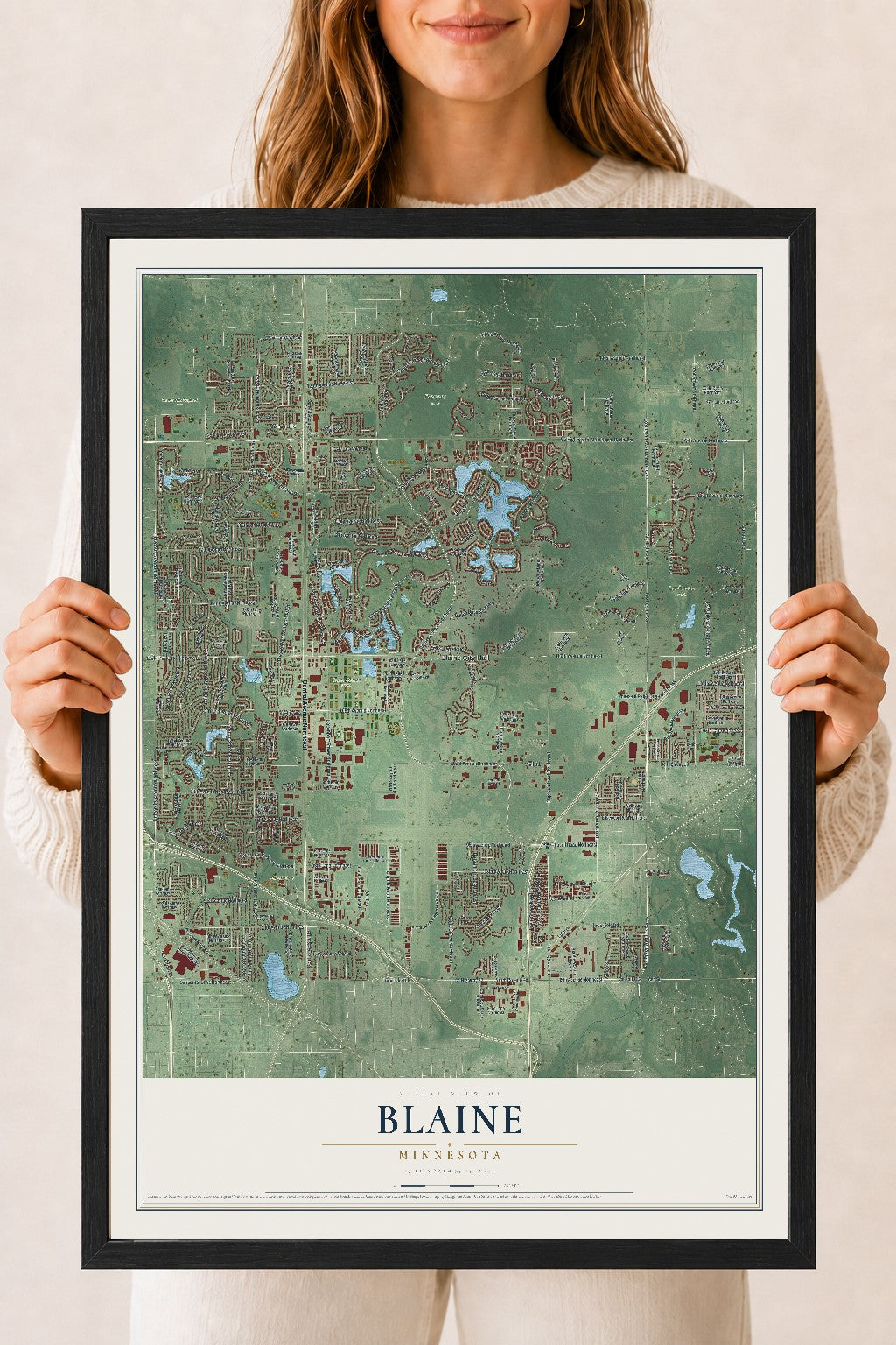 Map of Blaine, Minnesota, 18 x 24 inch print in a black wood frame