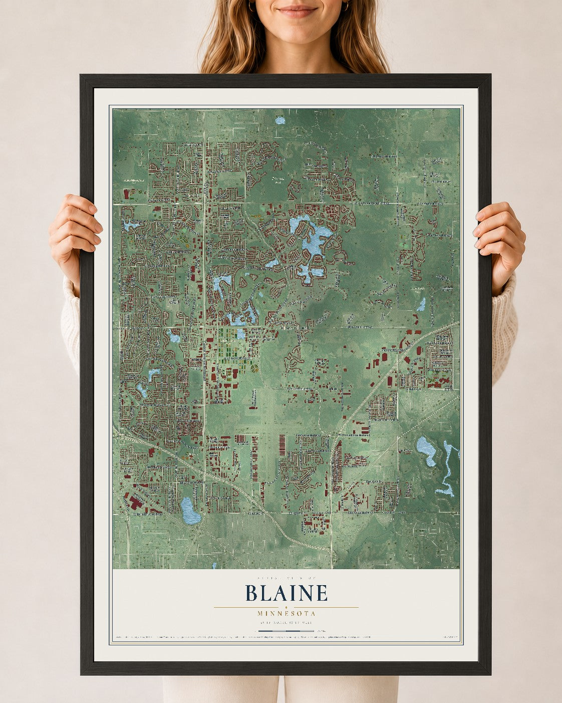 Map of Blaine, Minnesota, 24 x 36 inch print in a black wood frame