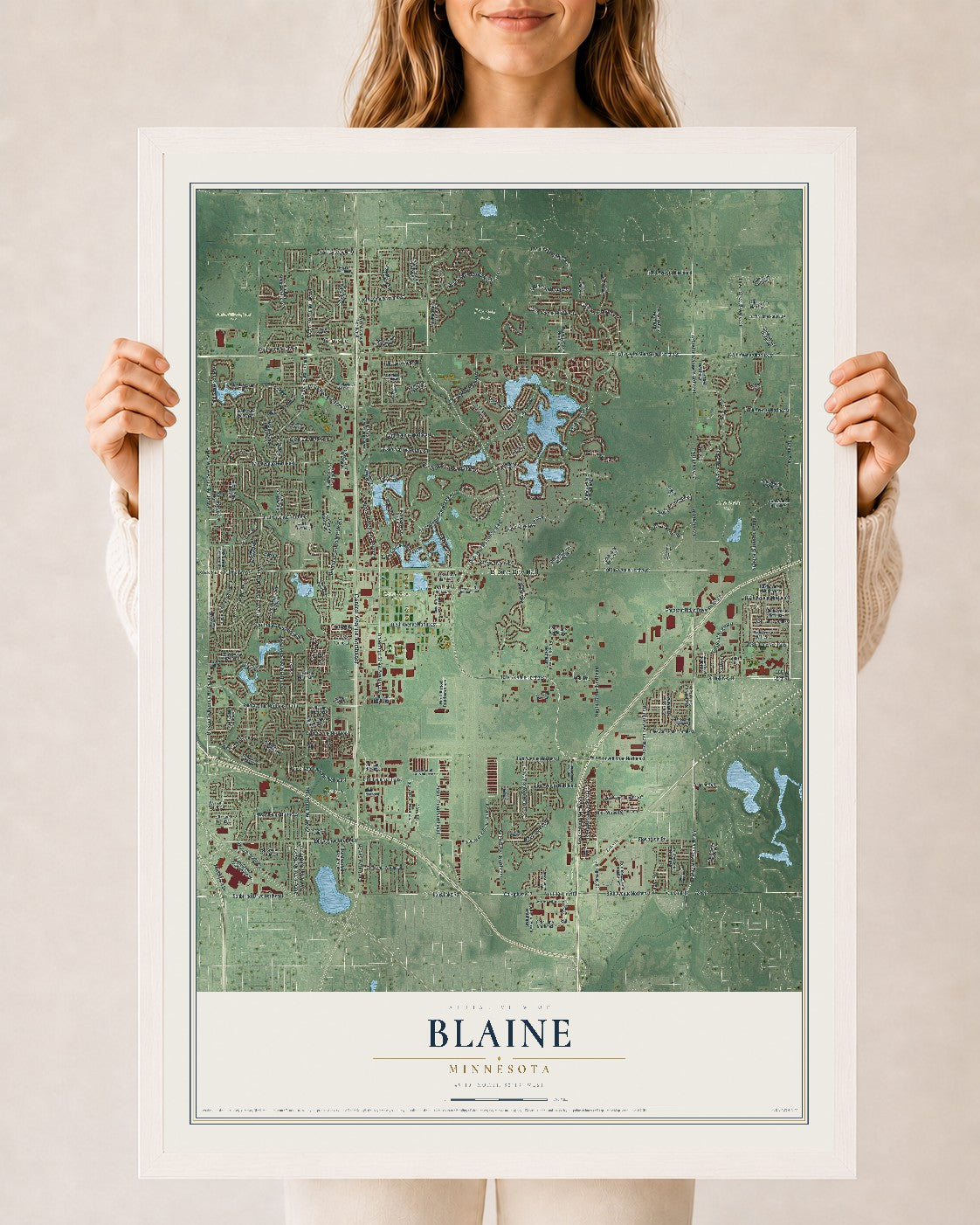 Map of Blaine, Minnesota, 24 x 36 inch print in a white wood frame