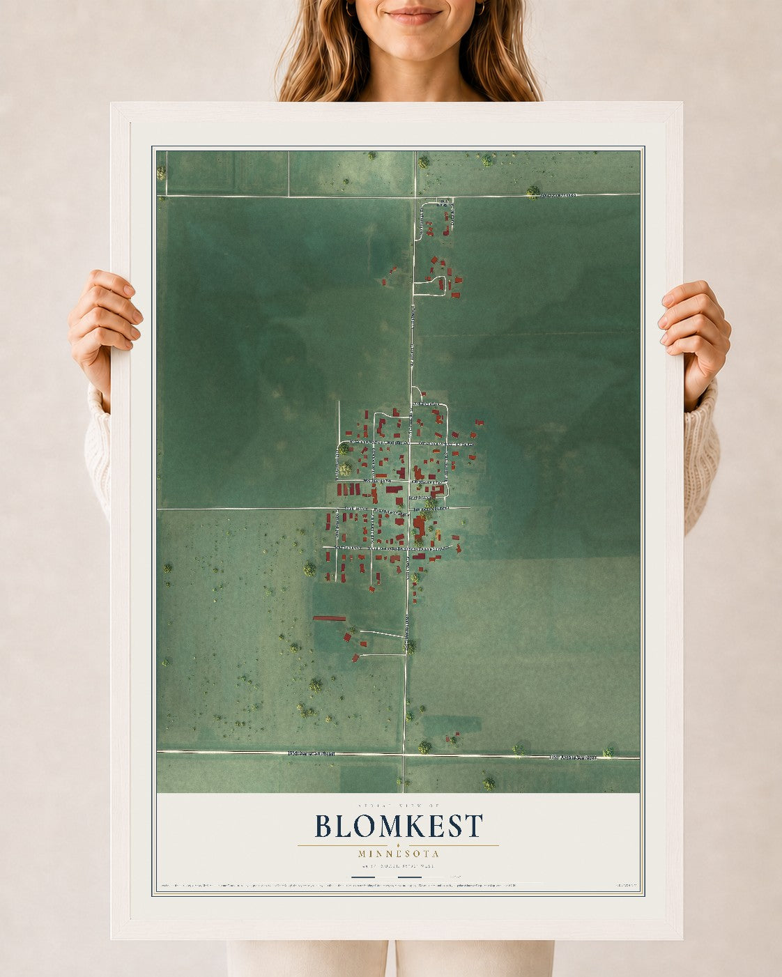 Map of Blomkest, Minnesota, 24 x 36 inch print in a white wood frame