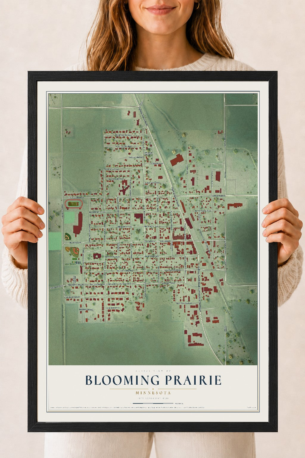 Map of Blooming Prairie, Minnesota, 18 x 24 inch print in a black wood frame