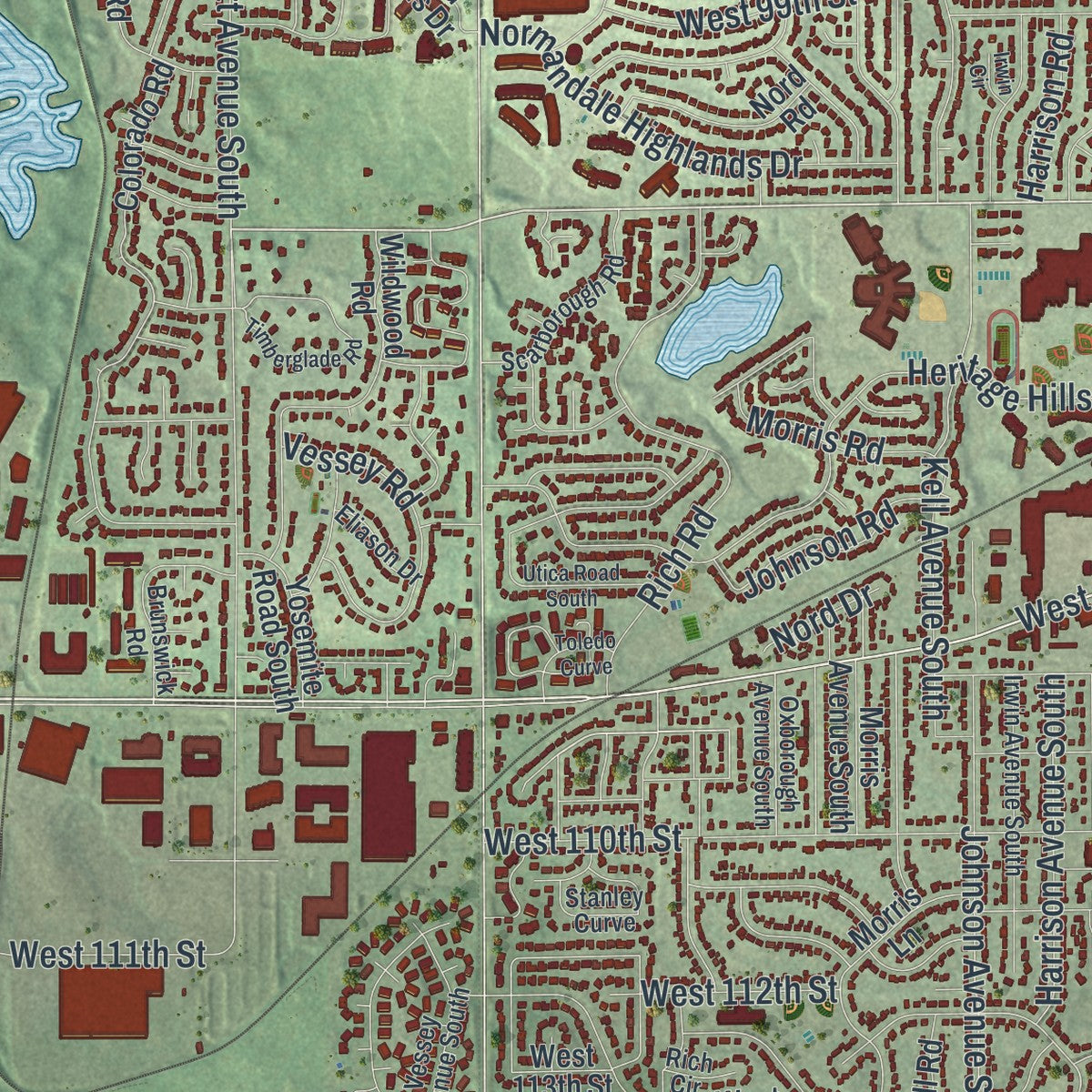 Second close-up of the map of Bloomington, Minnesota print showing more streets and buildings