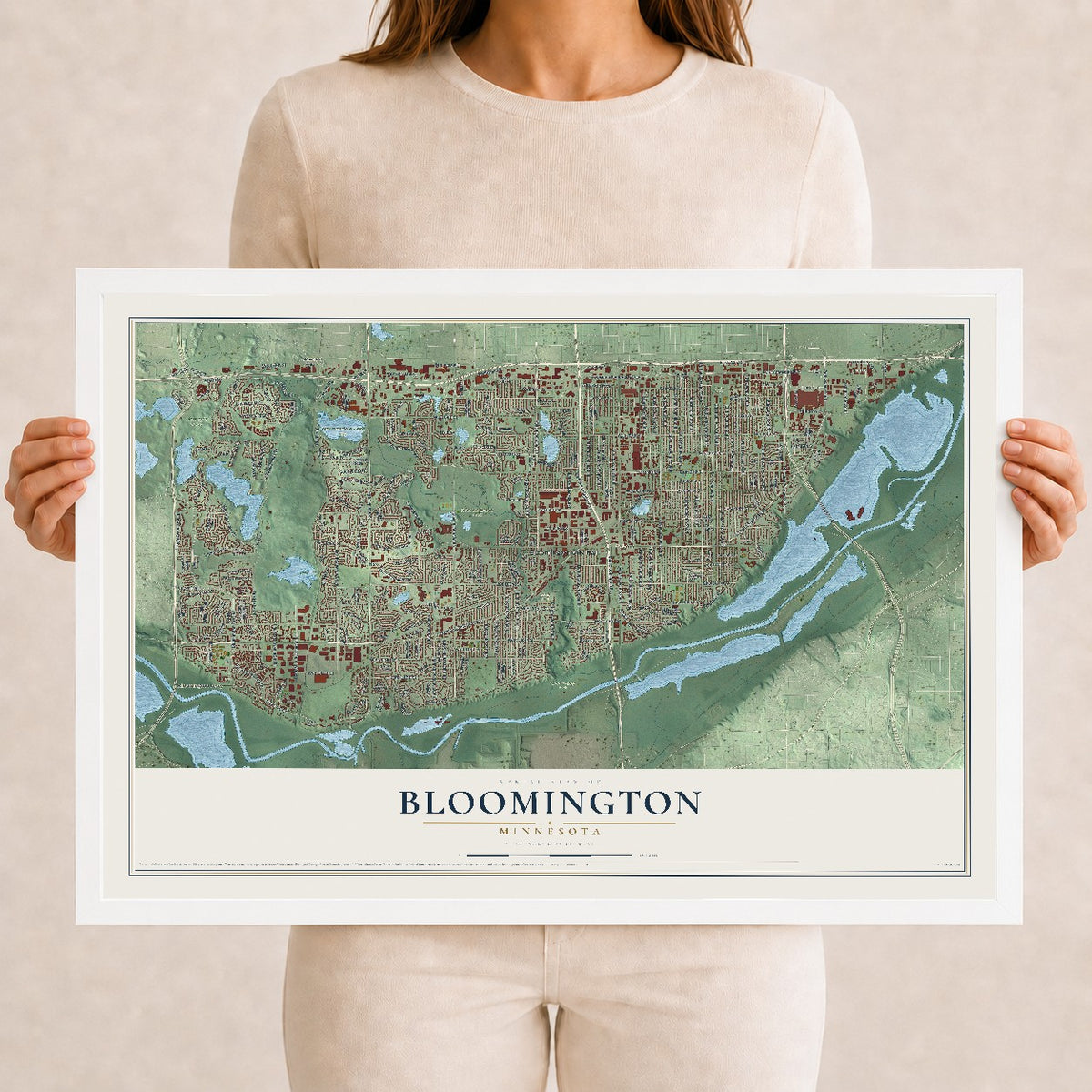 Map of Bloomington, Minnesota, 12 x 18 inch print in a white wood frame