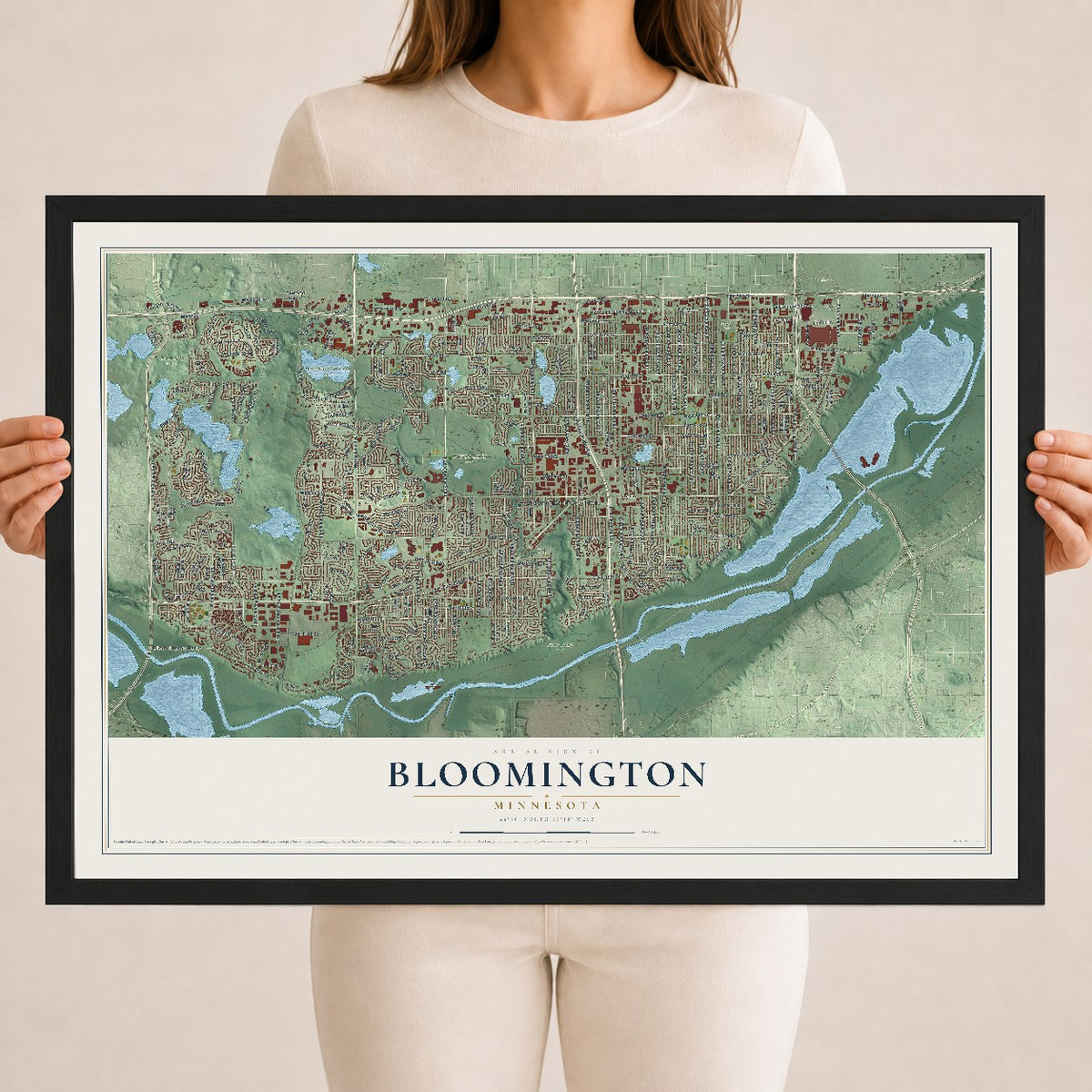 Map of Bloomington, Minnesota, 18 x 24 inch print in a black wood frame