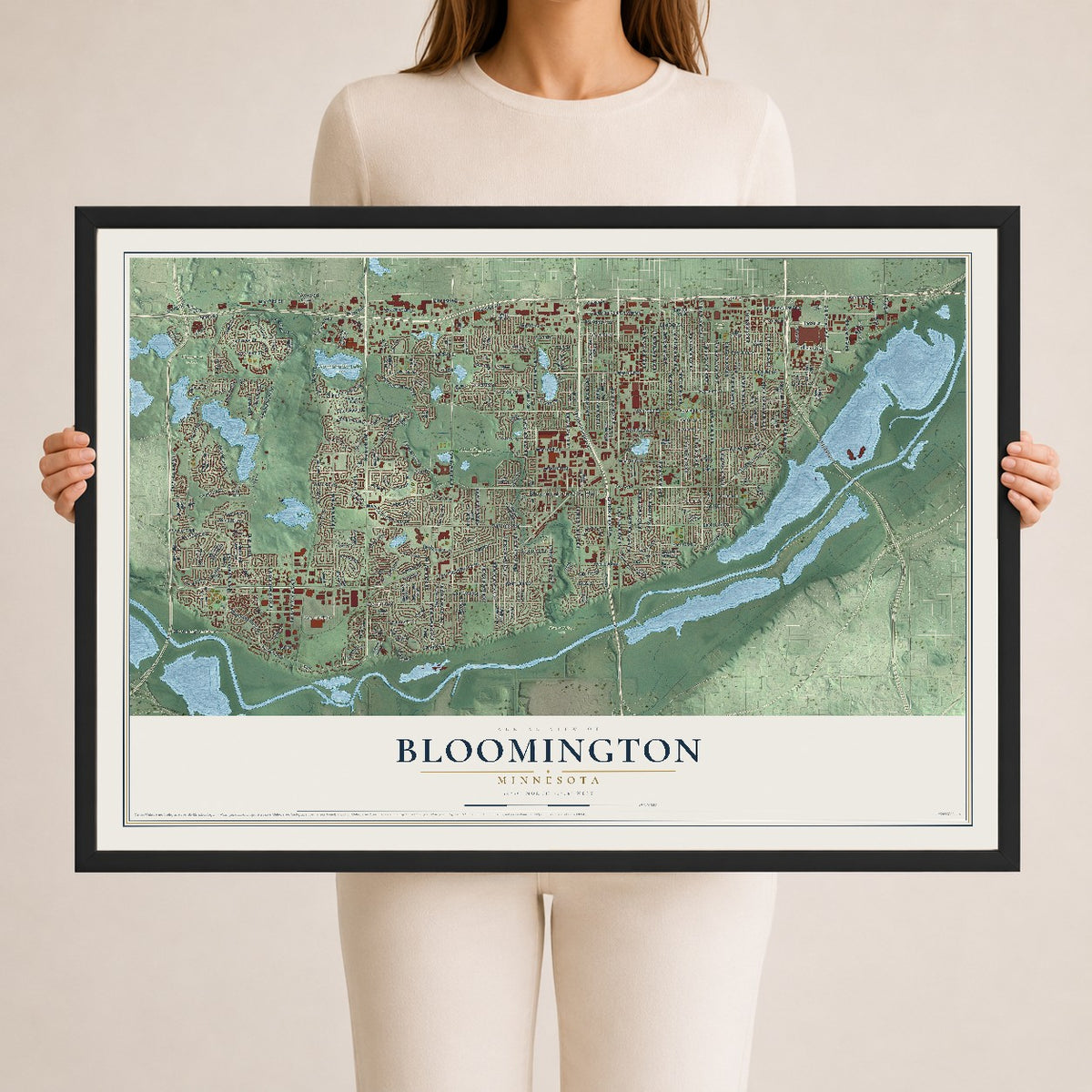 Map of Bloomington, Minnesota, 24 x 36 inch print in a black wood frame