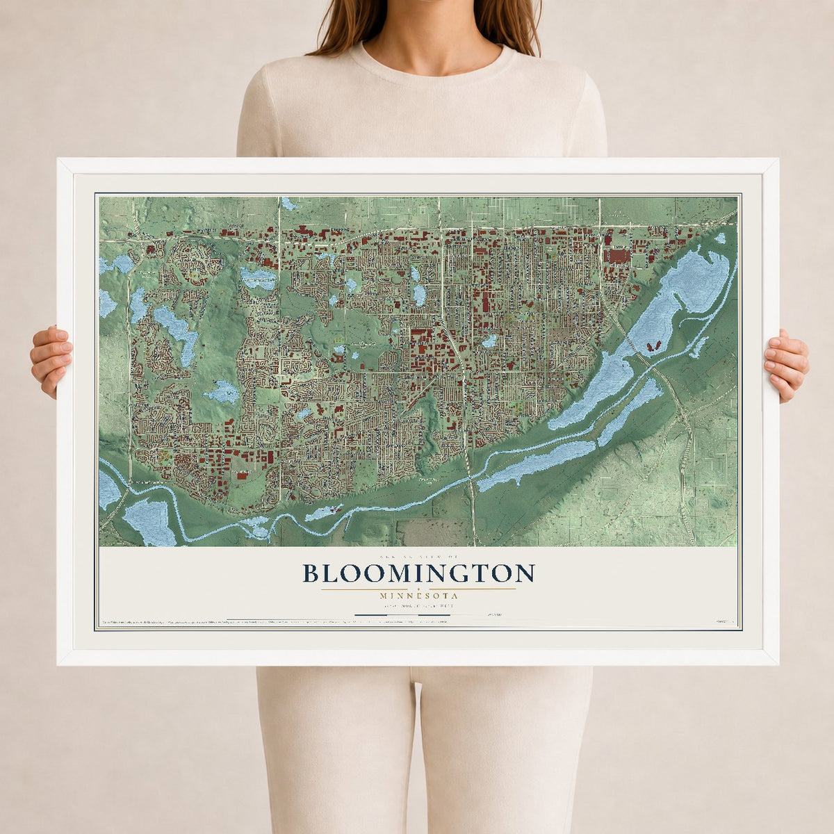 Map of Bloomington, Minnesota, 24 x 36 inch print in a white wood frame