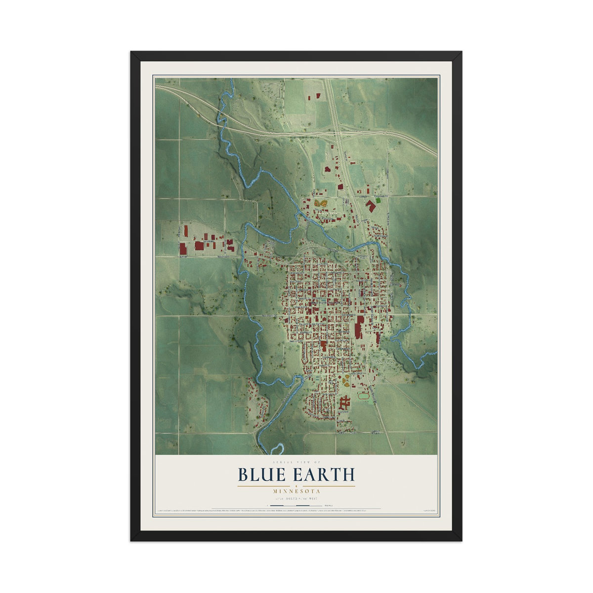 Map of Blue Earth, Minnesota, 12 x 18 inch print in a black wood frame