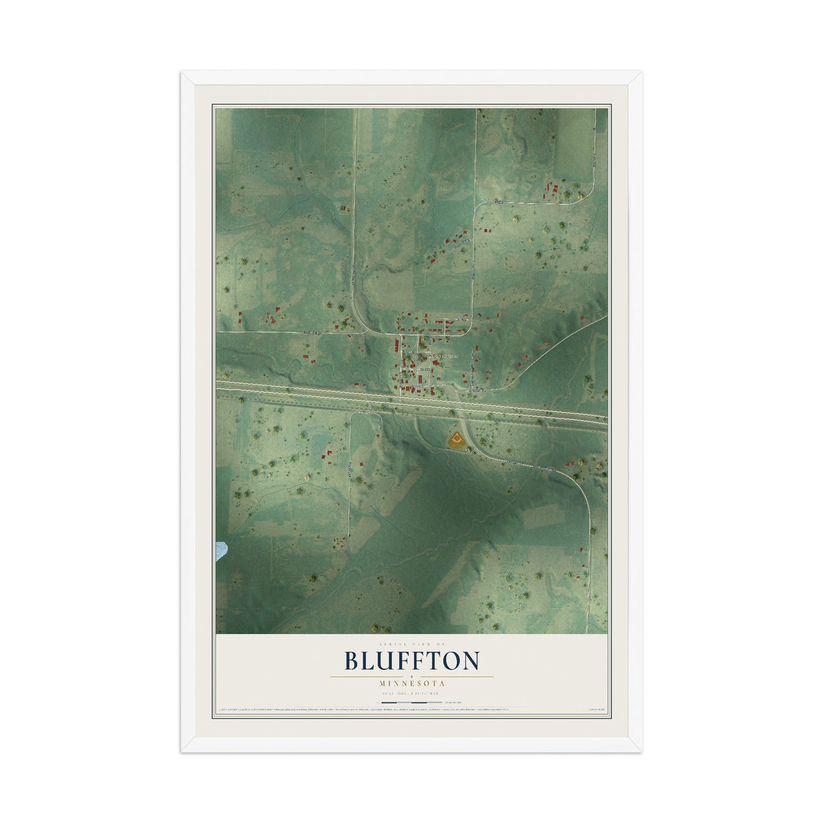 Map of Bluffton, Minnesota, 12 x 18 inch print in a white wood frame