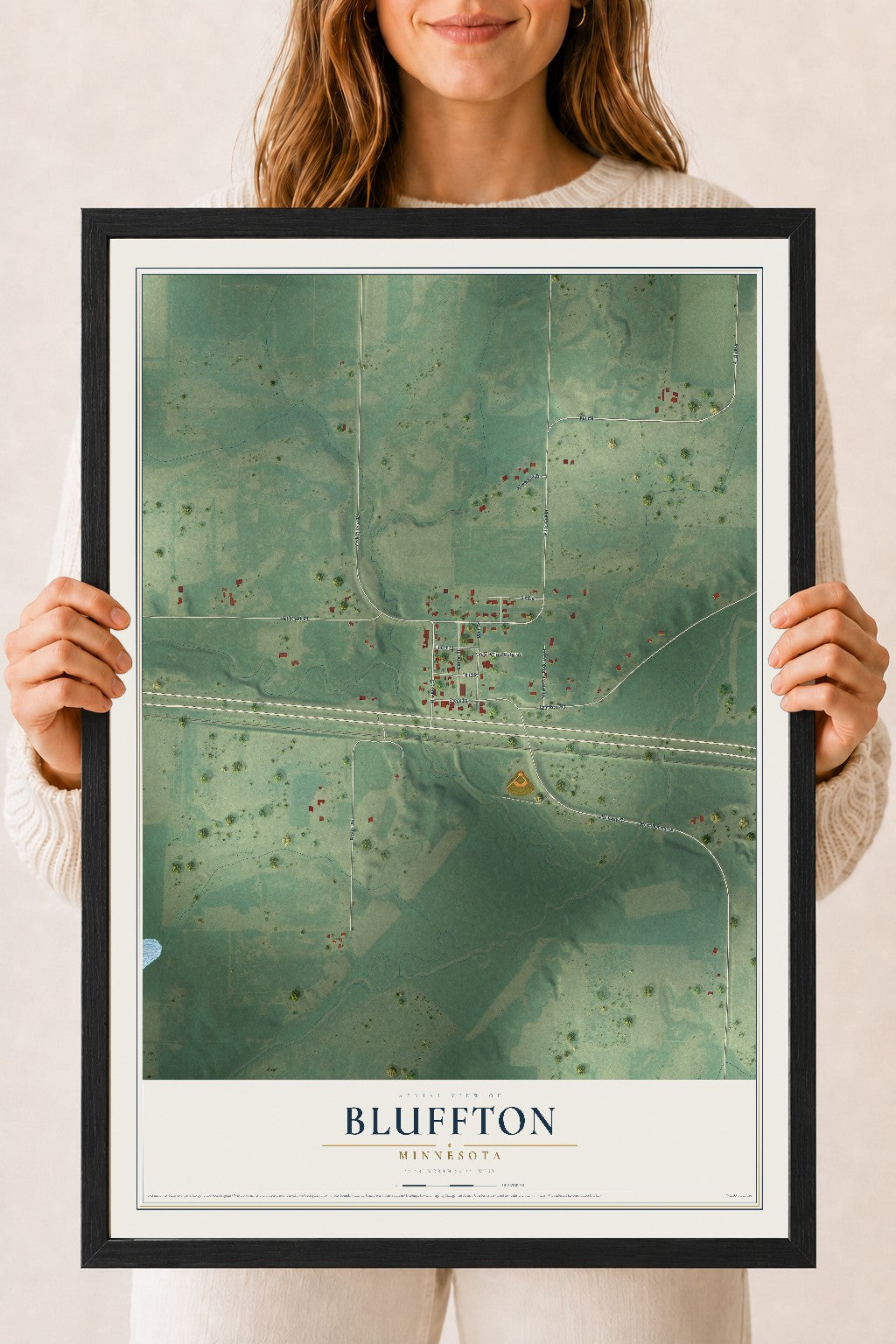 Map of Bluffton, Minnesota, 18 x 24 inch print in a black wood frame