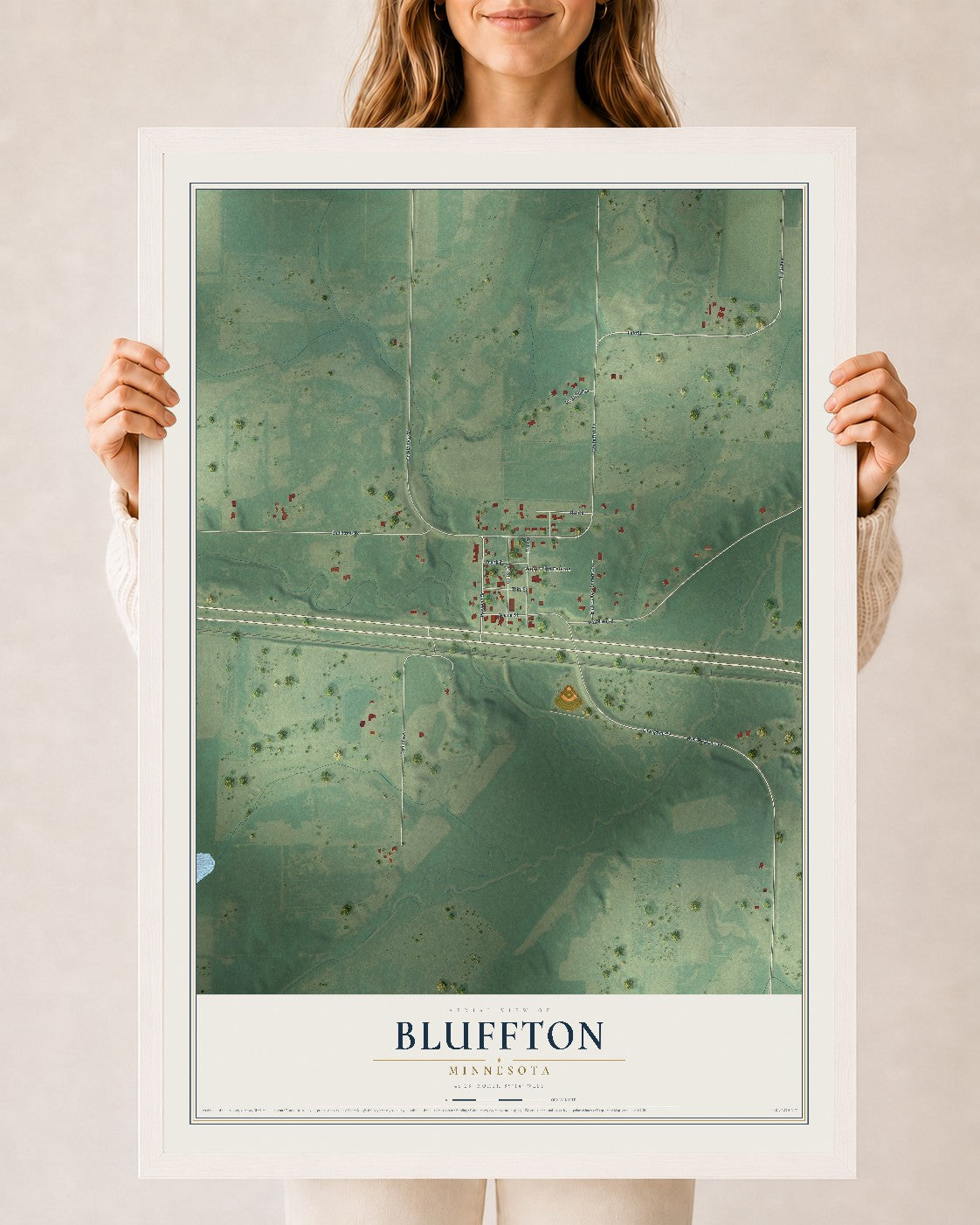 Map of Bluffton, Minnesota, 24 x 36 inch print in a white wood frame