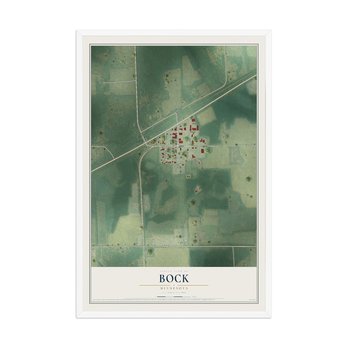 Map of Bock, Minnesota, 12 x 18 inch print in a white wood frame