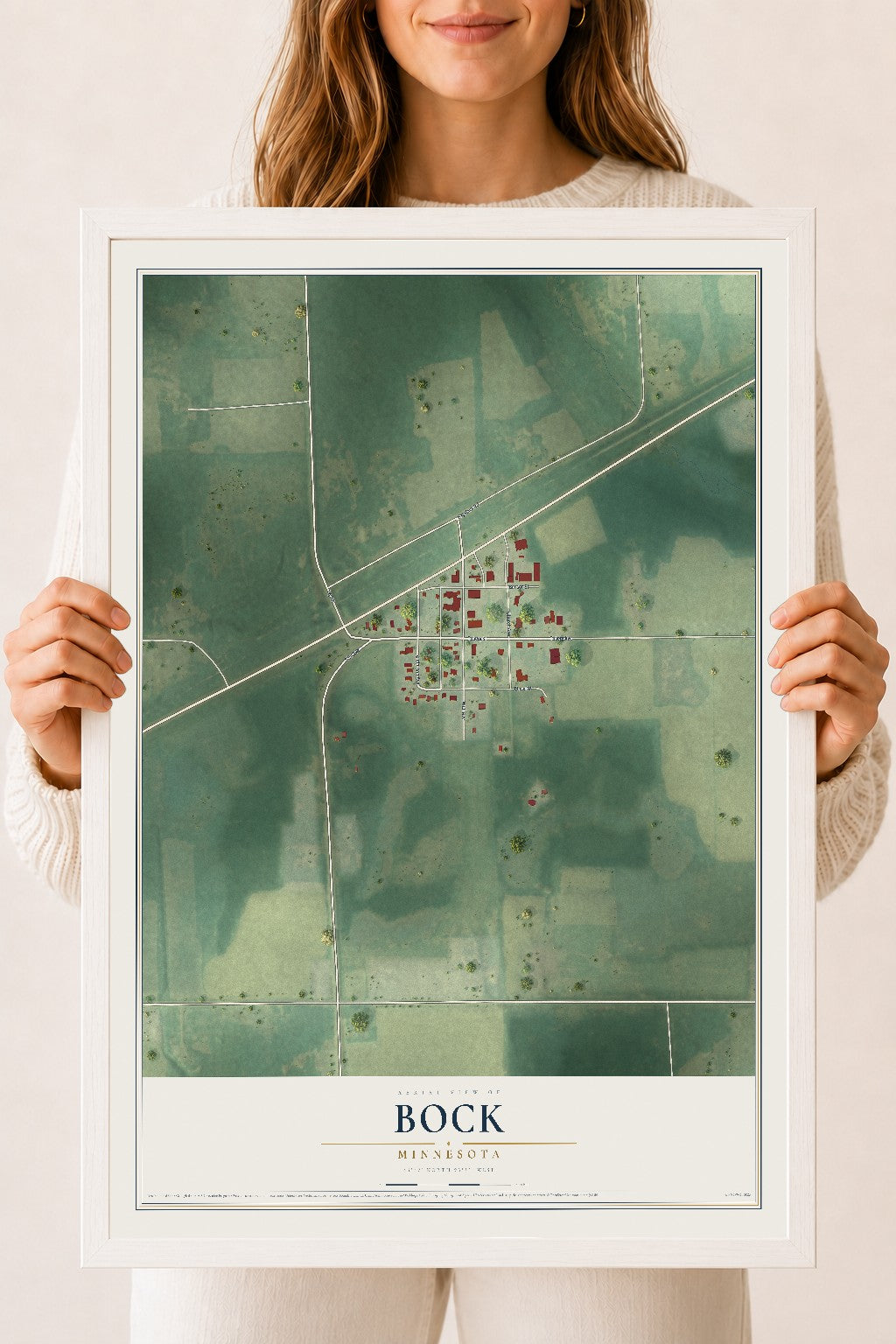 Map of Bock, Minnesota, 18 x 24 inch print in a white wood frame