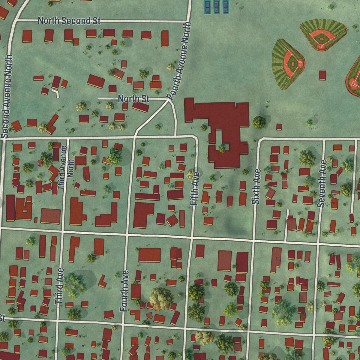 Close-up of the map of Bovey, Minnesota print showing street and building detail