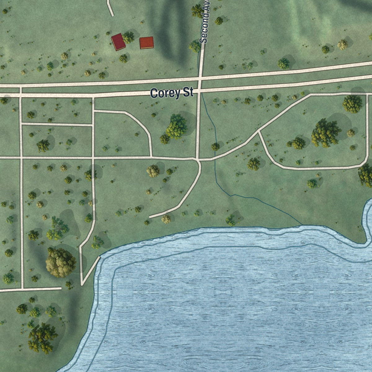 Second close-up of the map of Bovey, Minnesota print showing more streets and buildings