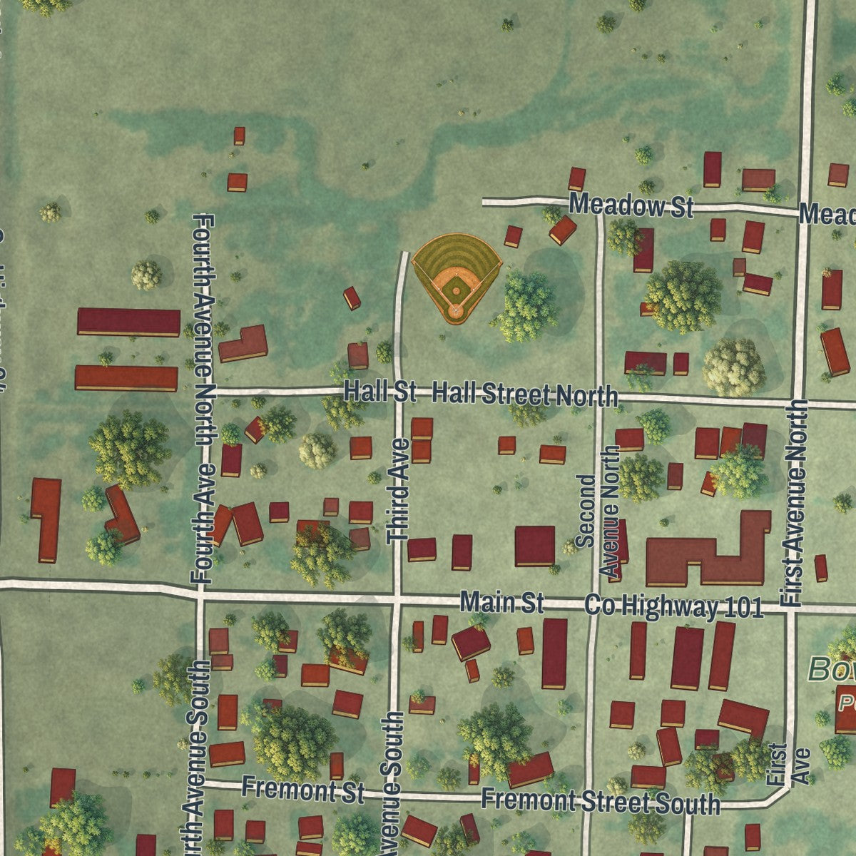 Close-up of the map of Bowlus, Minnesota print showing street and building detail