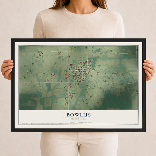 Map of Bowlus, Minnesota, 12 x 18 inch print in a black wood frame