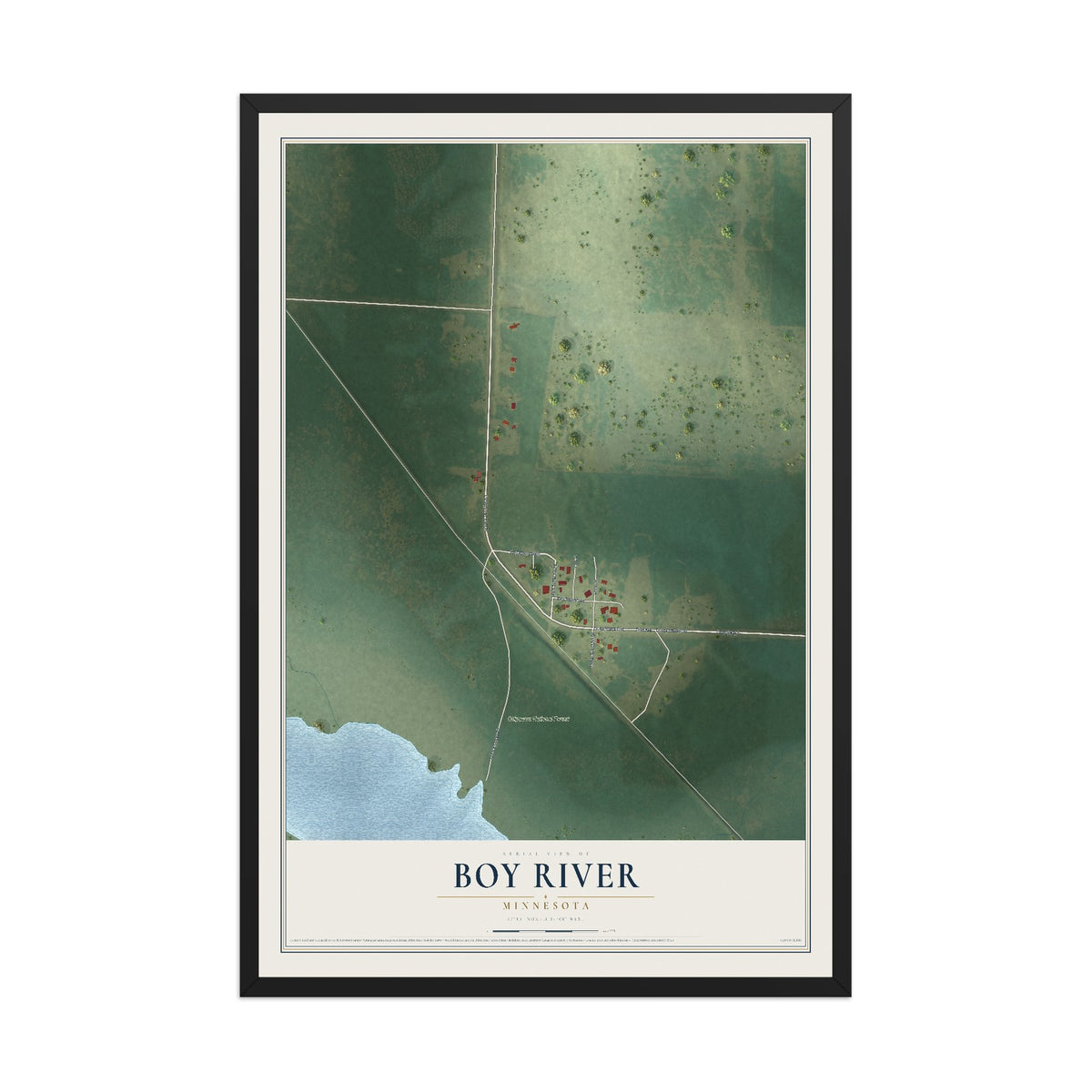 Map of Boy River, Minnesota, 12 x 18 inch print in a black wood frame