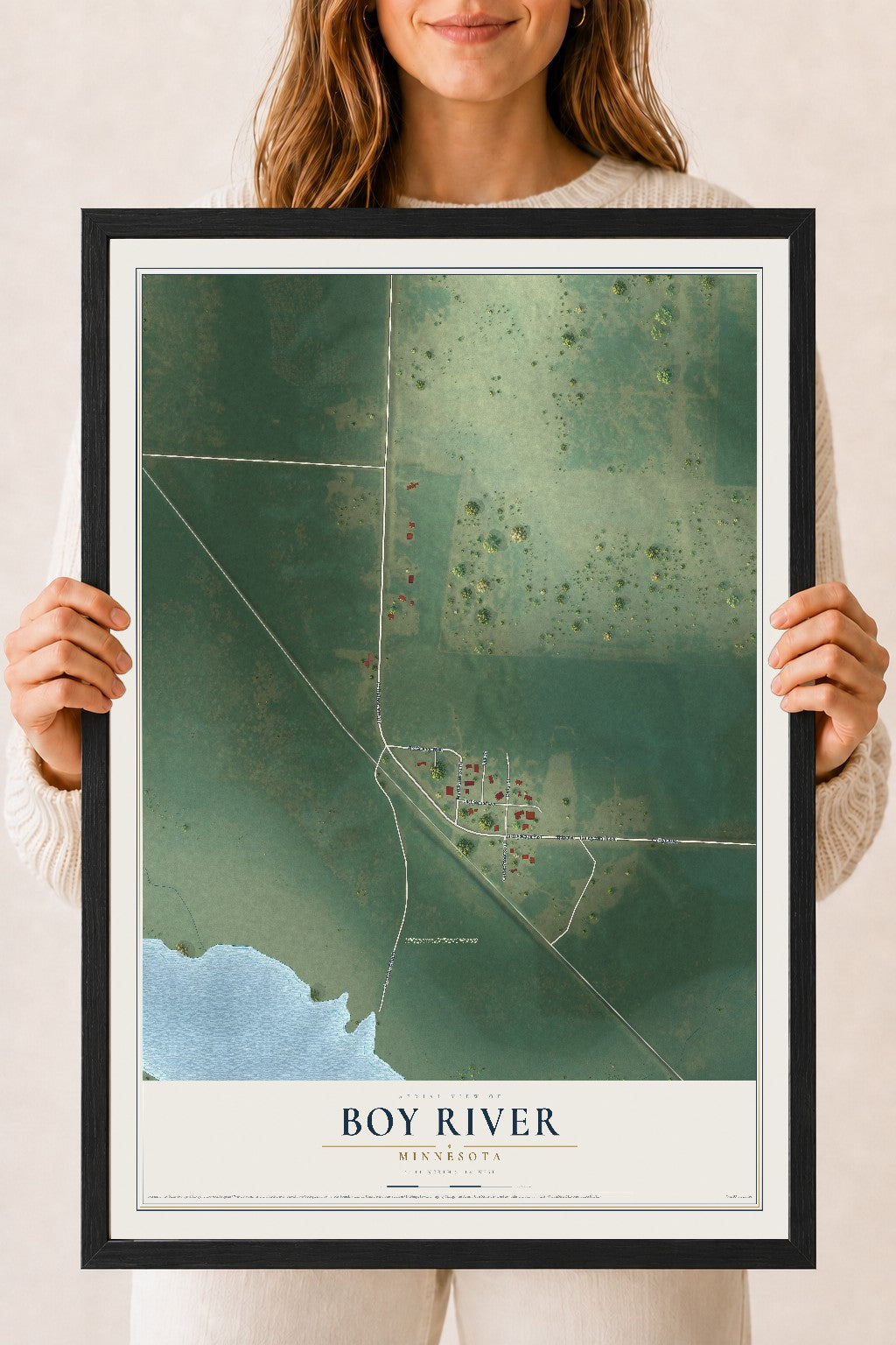Map of Boy River, Minnesota, 18 x 24 inch print in a black wood frame