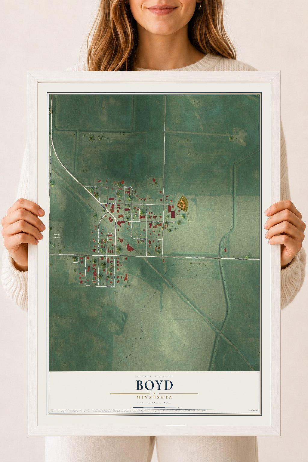 Map of Boyd, Minnesota, 18 x 24 inch print in a white wood frame