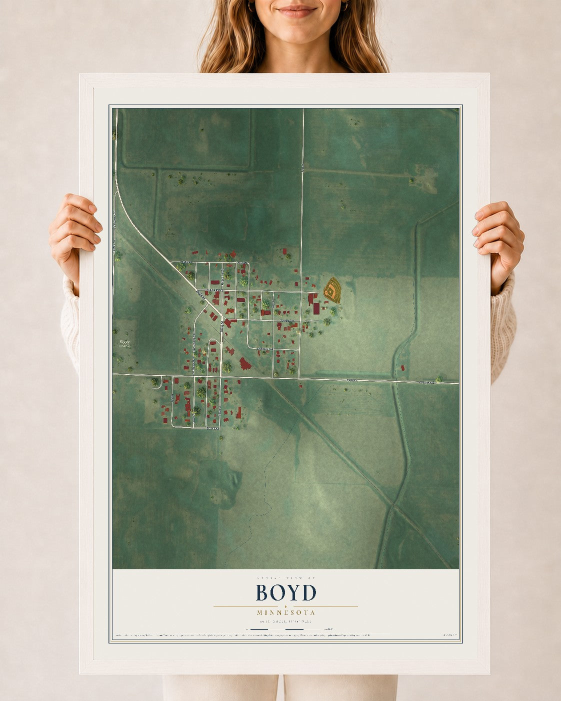 Map of Boyd, Minnesota, 24 x 36 inch print in a white wood frame