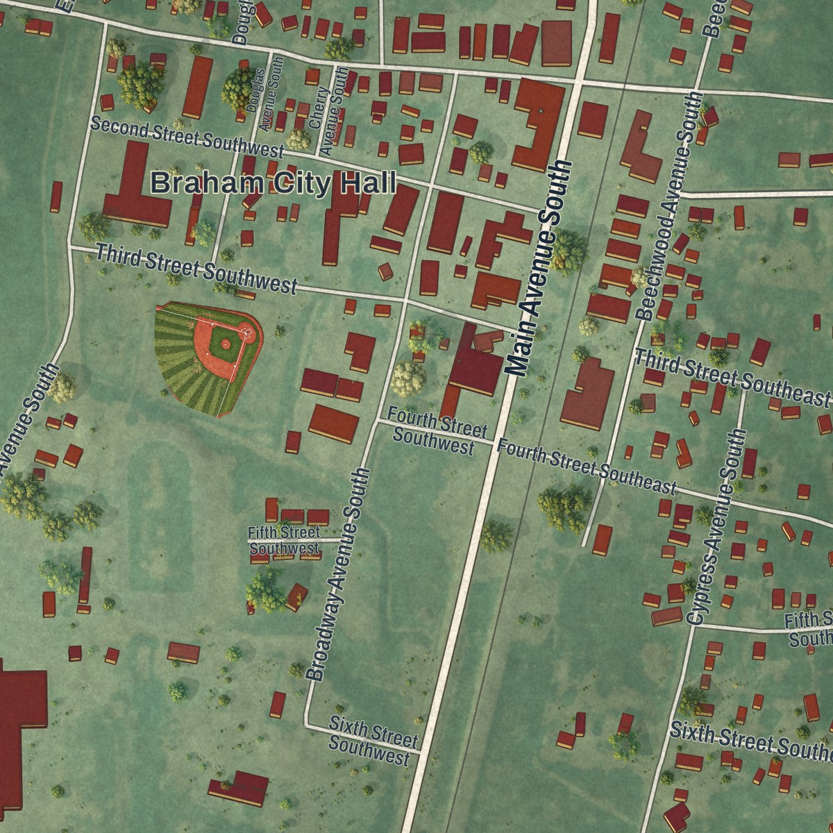 Close-up of the map of Braham, Minnesota print showing street and building detail