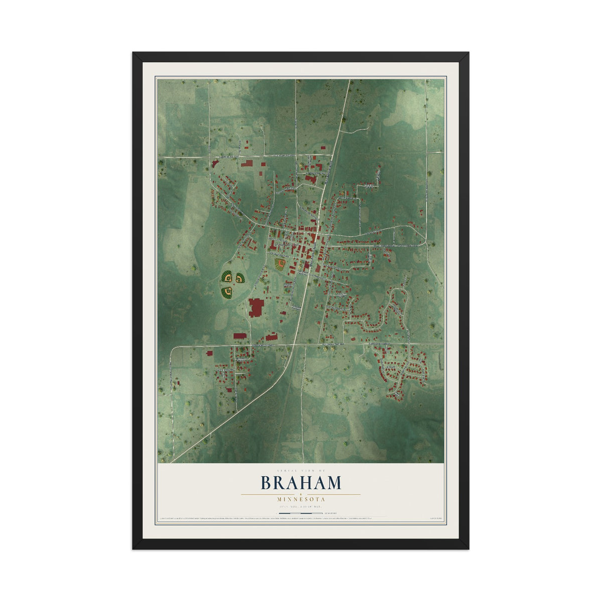 Map of Braham, Minnesota, 12 x 18 inch print in a black wood frame